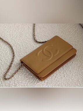 Chanel Dark Beige Caviar Wallet on Chain WOC Silver Hardware Crossbody Bag